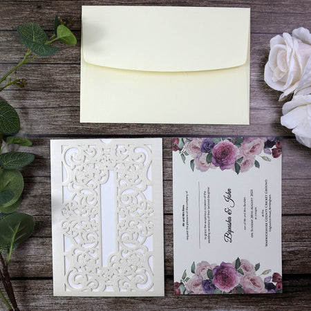 Flat-lay of the SC 5537 Landscape Wedding Invitation, displaying the pocket design and elegant detailing.