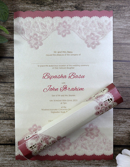 SC 5542 Maroon Lace effect Scroll Invitation