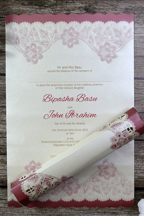 Load image into Gallery viewer, SC 5542 Maroon Lace effect Scroll Invitation
