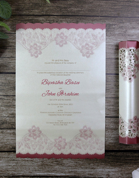 SC 5542 Maroon Lace effect Scroll Invitation
