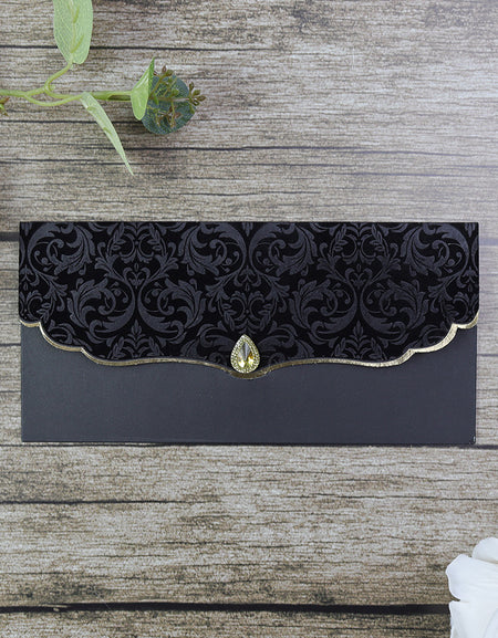 Black Velvet Landscape Pocket Invitation SC 5567 with gold foiled edge trim and floral velvet pattern as per Parekhcards