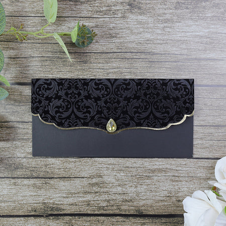 Black Velvet Landscape Pocket Invitation SC 5567 with gold foiled edge trim and floral velvet pattern as per Parekhcards