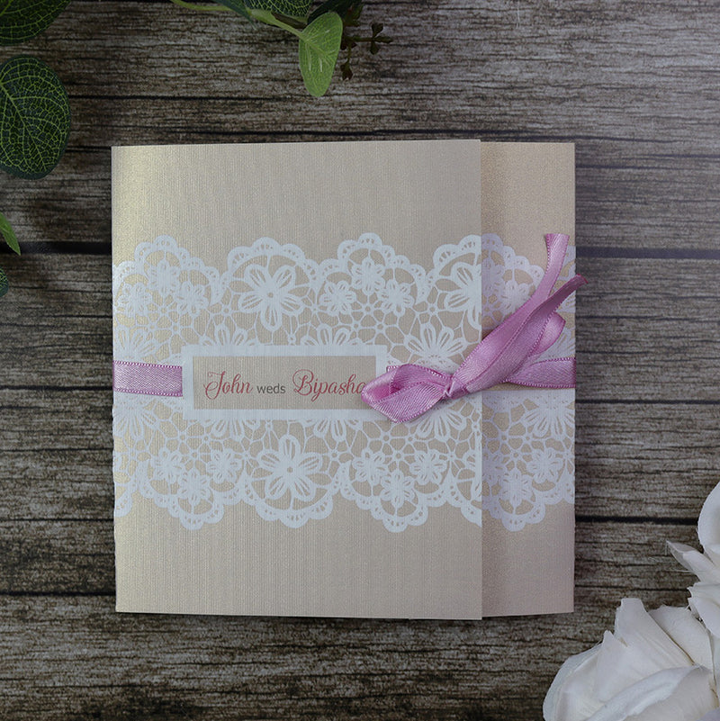 Dusty Pink Square Ribbon & Lace Invitation SC 5594