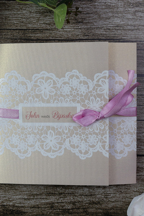 Load image into Gallery viewer, Dusty Pink Square Ribbon &amp; Lace Invitation SC 5594
