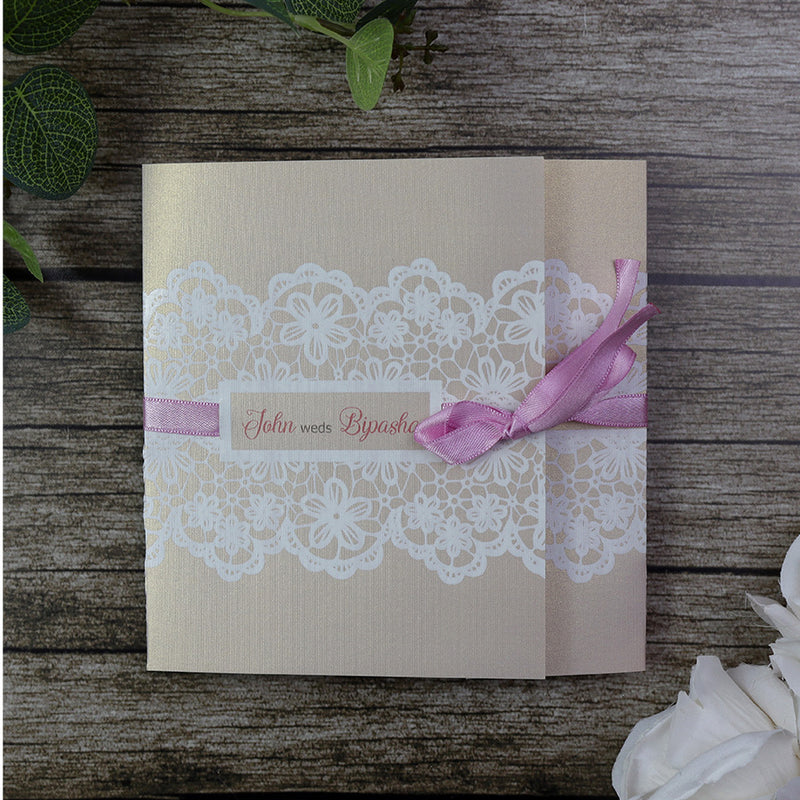 Dusty Pink Square Ribbon & Lace Invitation SC 5594