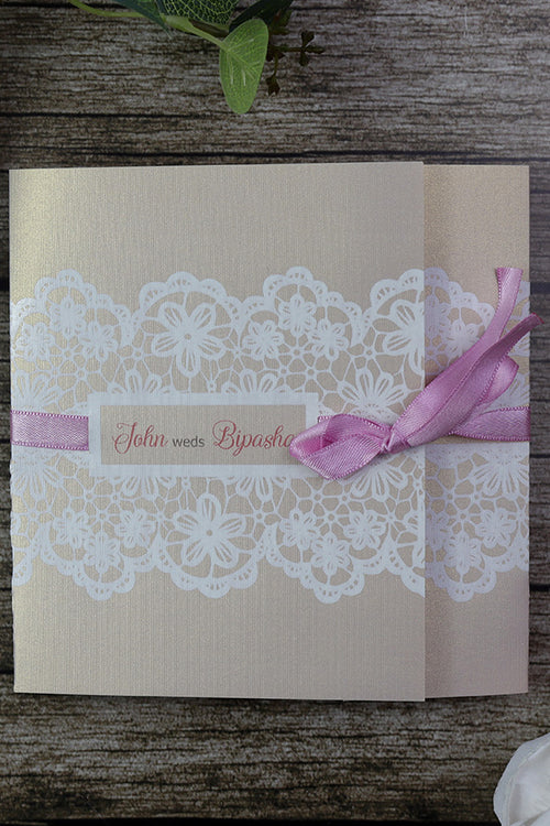 Load image into Gallery viewer, Dusty Pink Square Ribbon &amp; Lace Invitation SC 5594
