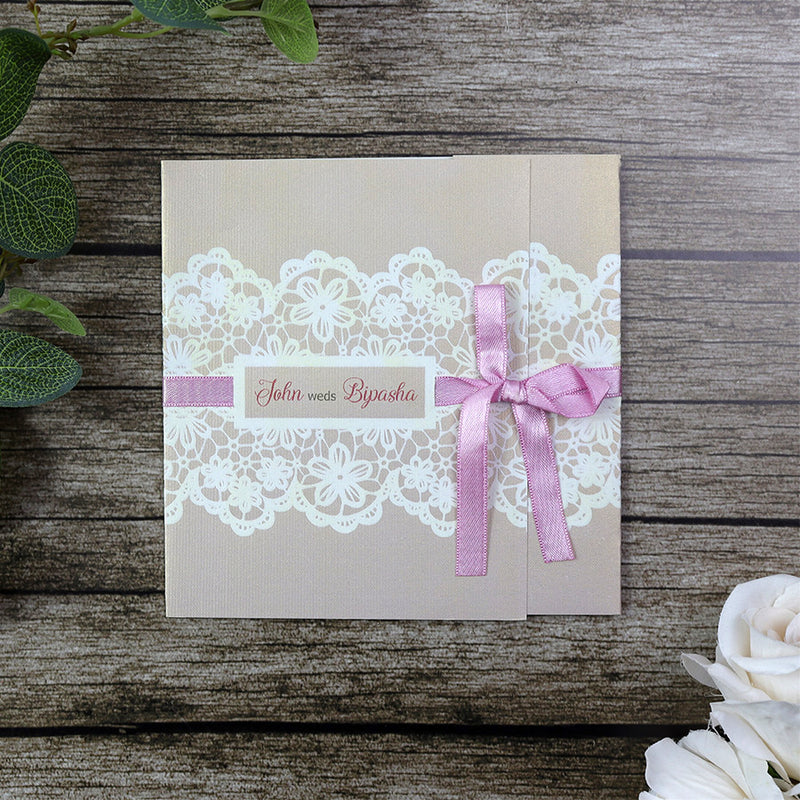 Dusty Pink Square Ribbon & Lace Invitation SC 5594