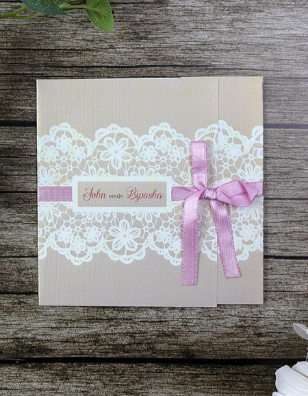 Dusty Pink Square Ribbon & Lace Invitation SC 5594