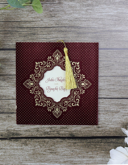 Square Red Velvet Wedding Invitation SC 5596 with gold foil accents and ornate window showcasing a custom insert