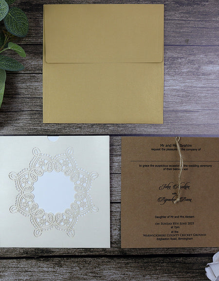 Open view of SC 5621 Vintage Lace Invitation, displaying the invitation insert and premium cardstock material