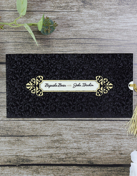 Regal Black and Gold Velvet Pocket Invitation SC 5626 with gold foil border and personalized window for couple's names