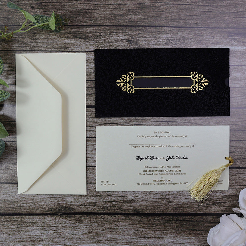 Regal Black and Gold Velvet Pocket Invitation SC 5626 with Tassel – Pe ...