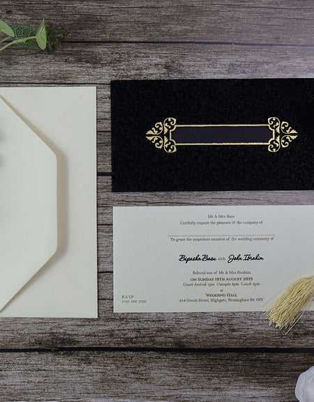 Close-up of Regal Black Velvet Wedding Invitation SC 5626 showing the gold foil detailing and elegant tassel accent shaadi cards