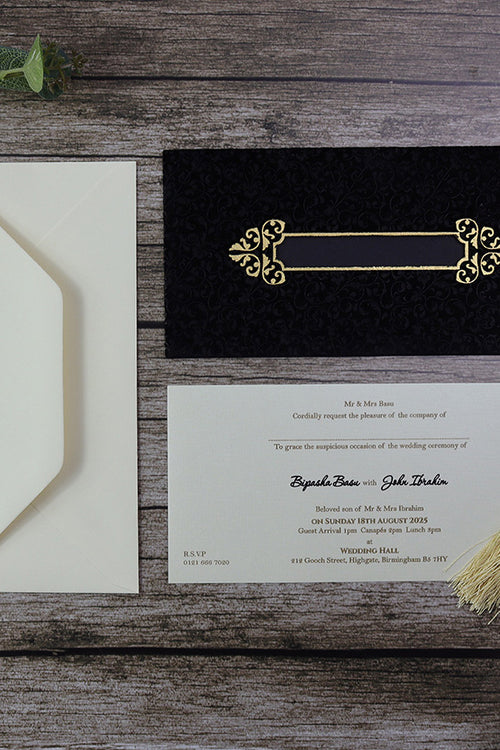 Load image into Gallery viewer, Regal Black and gold Velvet Pocket Invitation with Tassle SC 5626
