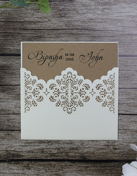 Ivory pocket lasercut invitation with Kraft card insert SC 5642