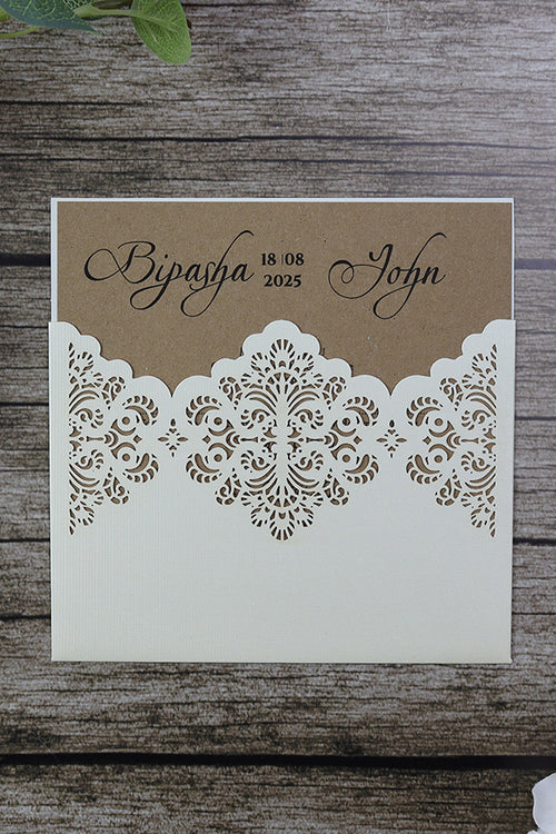 Load image into Gallery viewer, Ivory pocket lasercut invitation with Kraft card insert SC 5642
