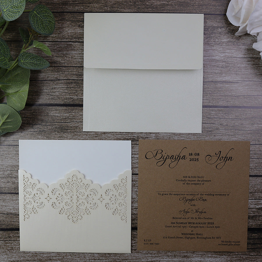 Ivory pocket lasercut invitation with Kraft card insert SC 5642 ...