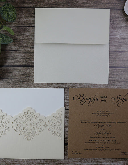Ivory pocket lasercut invitation with Kraft card insert SC 5642