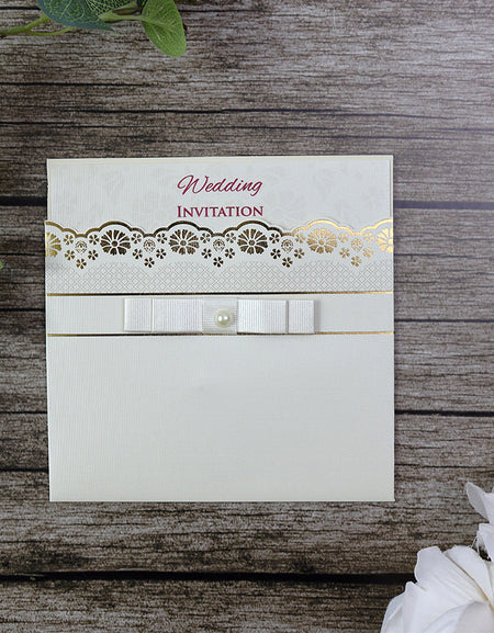 SC 5648 Ivory gold foiled pearl ribbon Invitation