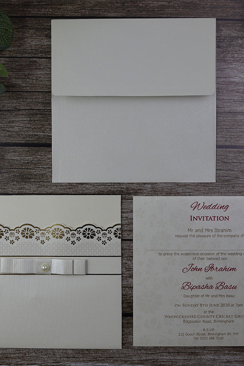 Load image into Gallery viewer, SC 5648 Ivory gold foiled pearl ribbon Invitation
