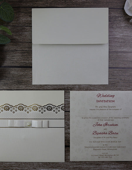 SC 5648 Ivory gold foiled pearl ribbon Invitation