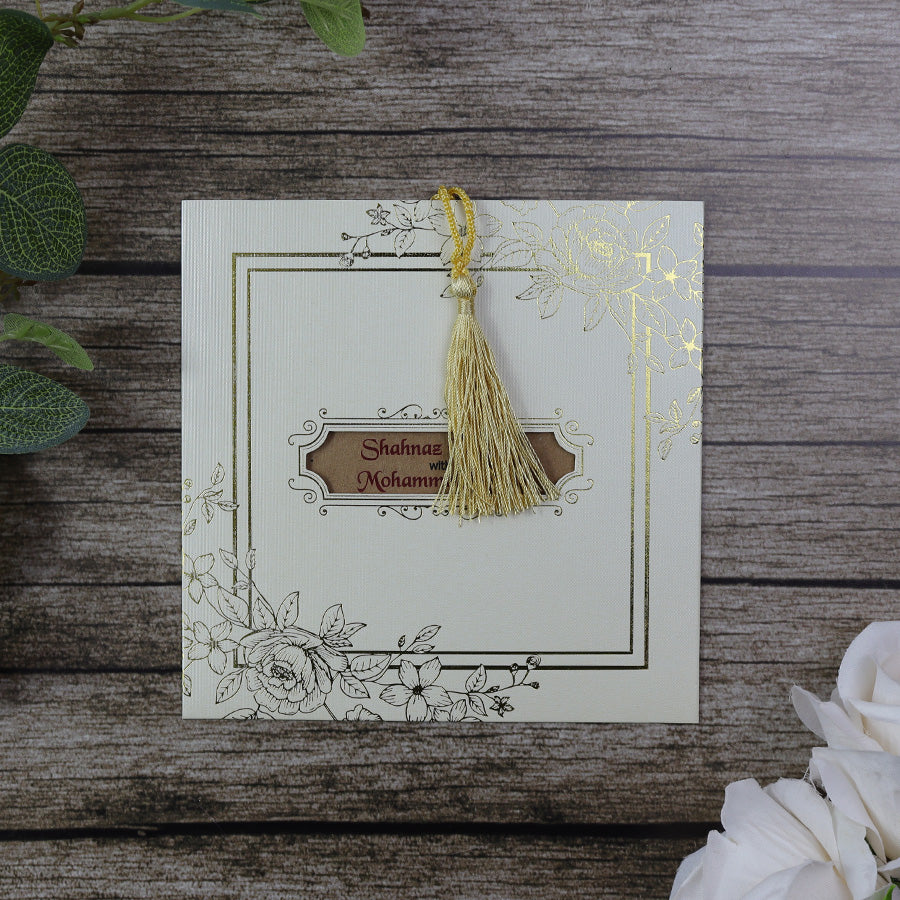 SC 5659 Illustrated rose border foiled pocket tassel invitation ...