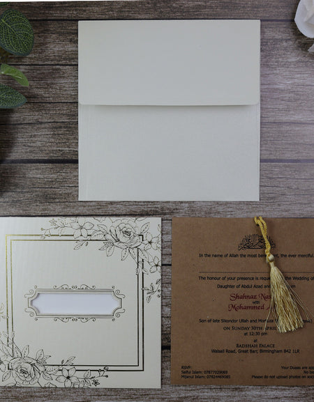 SC 5659 Illustrated rose border foiled pocket tassel invitation