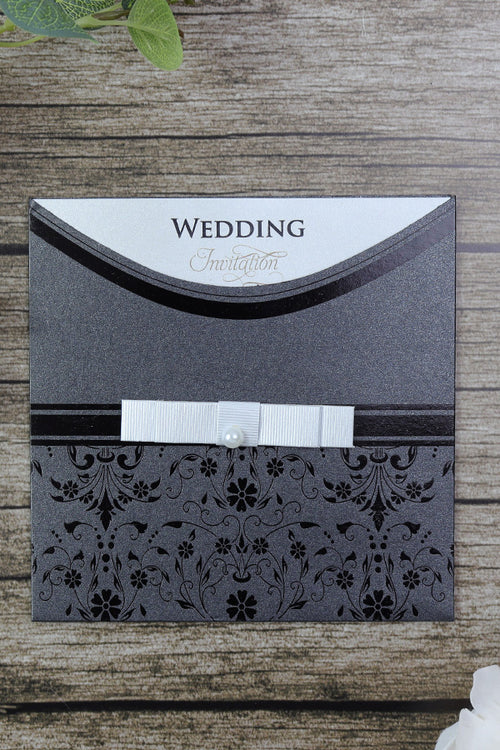 Load image into Gallery viewer, Square foiled flowers black pocket Invitation SC 5664
