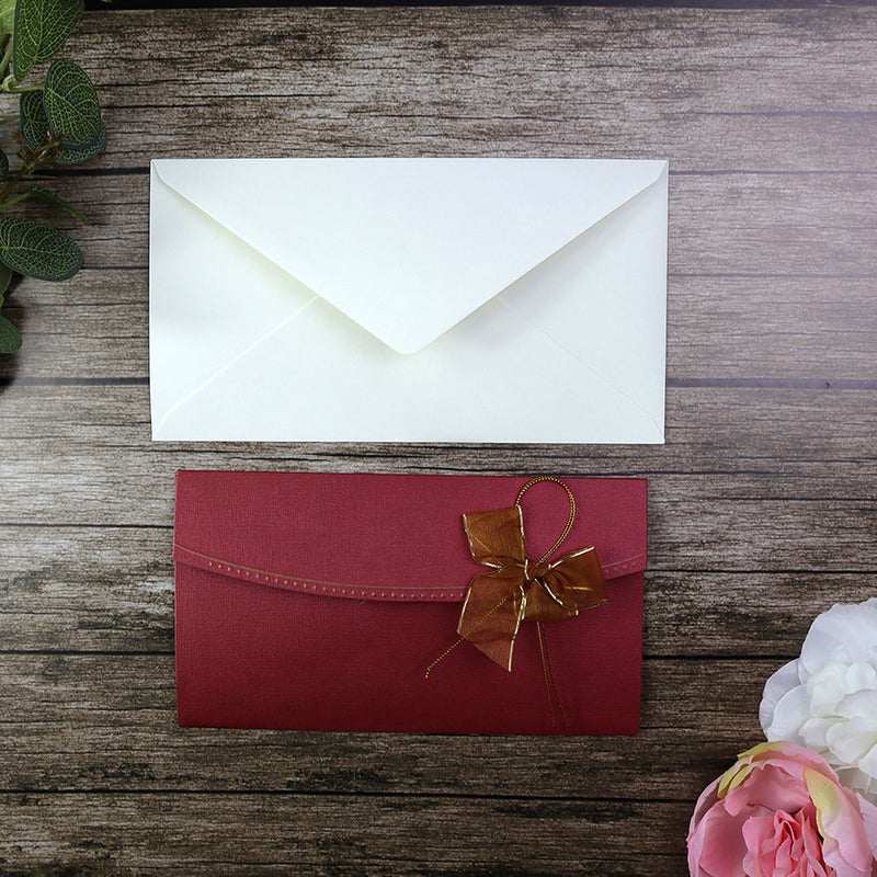 T056I Maroon card and gold ribbon bow invitation