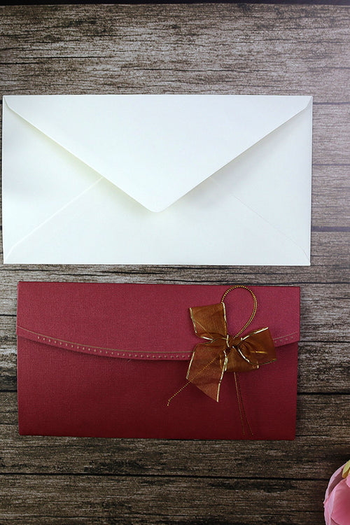 Load image into Gallery viewer, T056I Maroon card and gold ribbon bow invitation
