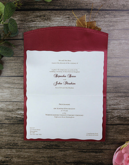 T056I Maroon card and gold ribbon bow invitation