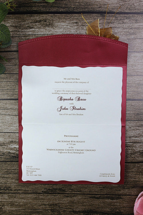 Load image into Gallery viewer, T056I Maroon card and gold ribbon bow invitation
