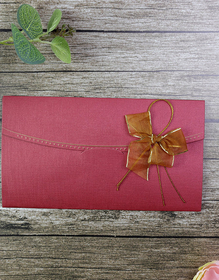 T056I Maroon card and gold ribbon bow invitation