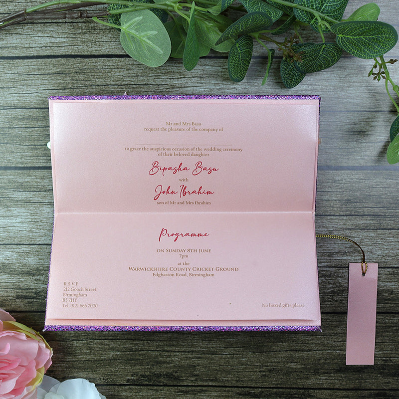 T067 Pink Padded single fold glitter fabric bow invitation