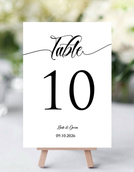 Personalized A5 Wedding Table Numbers: Elegant A5 Black and White Table Numbers with Cursive Font 1260