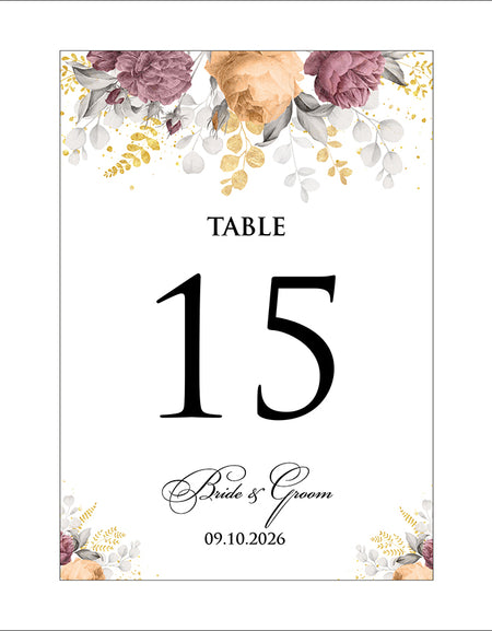 Yellow and burgundy Flowers in each corner Party Table Numbers 
