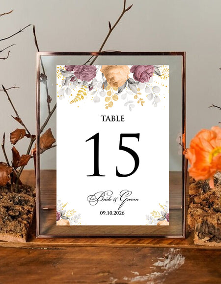 Purple Grey and Maroon Flowers Table Numbers for Wedding and Parties