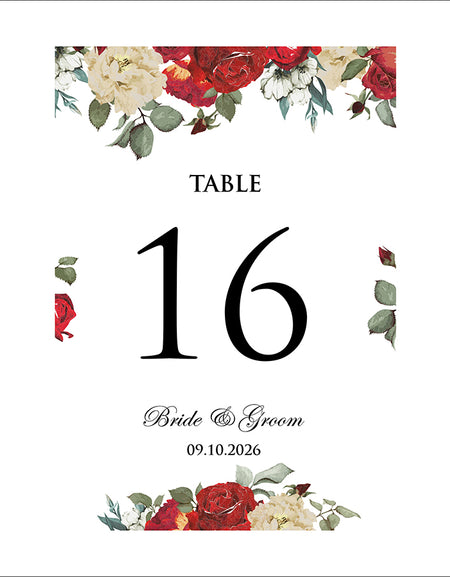 print table numbers with red & ivory flowers