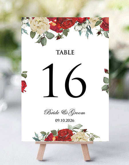 Elegant A5 Table Numbers with Ivory, Red & White Flowers and Green Leaves – Ideal for Weddings & Special Events