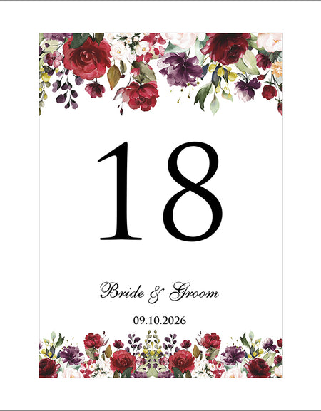 Elegant A5 Floral Table Numbers for Weddings & Events | Red, Maroon & Green Flower Design – Shadicards 1268
