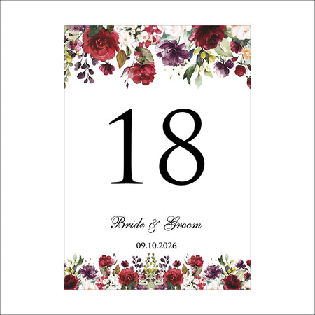 Elegant A5 Floral Table Numbers for Weddings & Events | Red, Maroon & Green Flower Design – Shadicards 1268