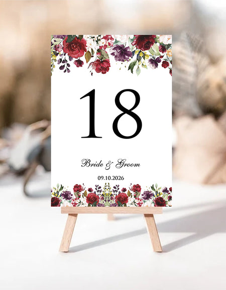 Elegant A5 Floral Table Numbers for Weddings & Events | Red, Maroon & Green Flower Design – Shadicards 1268