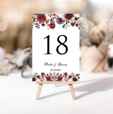 Elegant A5 Floral Table Numbers for Weddings & Events | Red, Maroon & Green Flower Design – Shadicards 1268