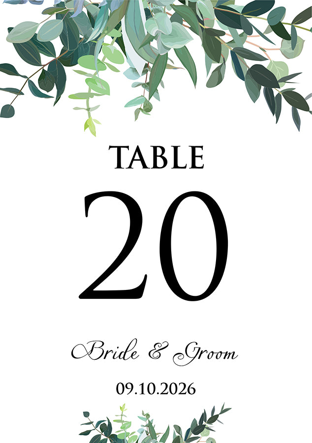 Stylish A5 Table Numbers with Green Leaf Design 1270