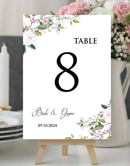 Pink & White floral corner Table Number cards