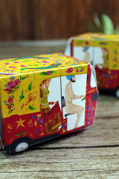 Load image into Gallery viewer, Rickshaw Tuktuk Shaped Favour Boxes Yellow &amp; Red – Flat Pack, Fill &amp; Assemble
