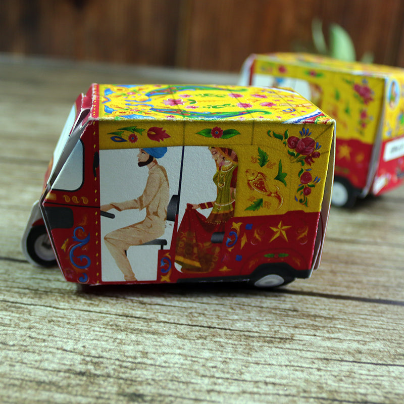 Rickshaw Tuktuk Shaped Favour Boxes Yellow & Red – Flat Pack, Fill & Assemble