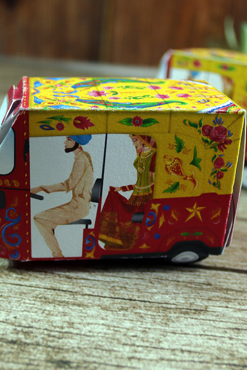 Load image into Gallery viewer, Rickshaw Tuktuk Shaped Favour Boxes Yellow &amp; Red – Flat Pack, Fill &amp; Assemble
