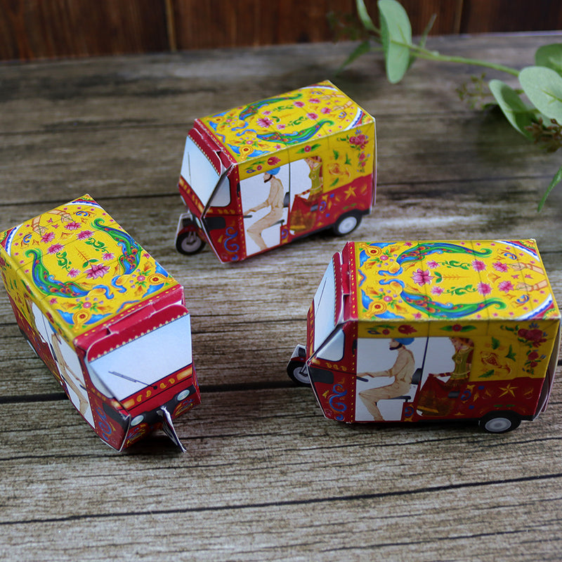Rickshaw Tuktuk Shaped Favour Boxes Yellow & Red – Flat Pack, Fill & Assemble