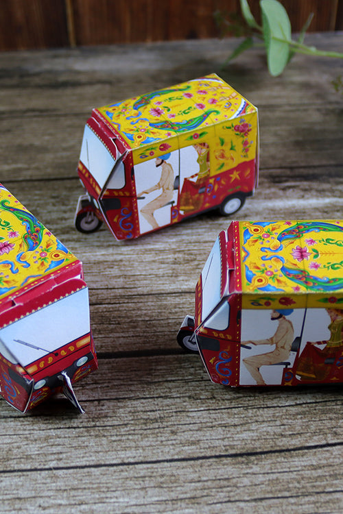 Load image into Gallery viewer, Rickshaw Tuktuk Shaped Favour Boxes Yellow &amp; Red – Flat Pack, Fill &amp; Assemble
